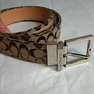 Coach Tan and Brown Signature Belt with Silver Buckle